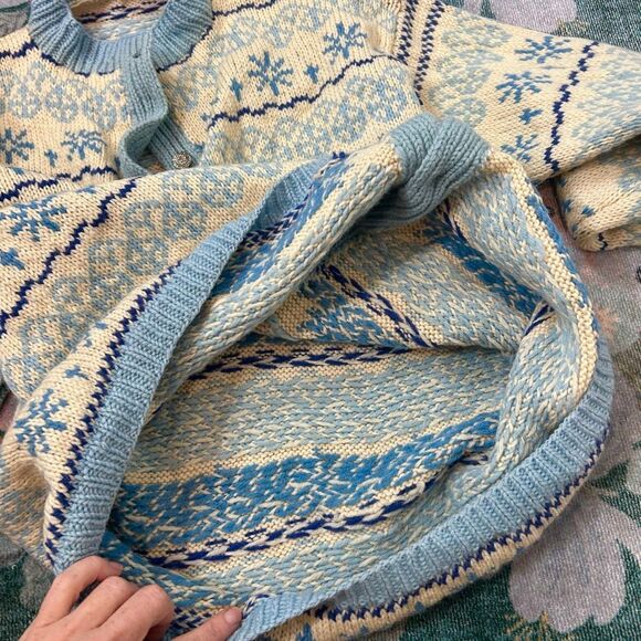 Handmade Wool Cardigan Sweater Womens Cream Blue Fair Isle Knit Scotland Nordic - Picture 9 of 16